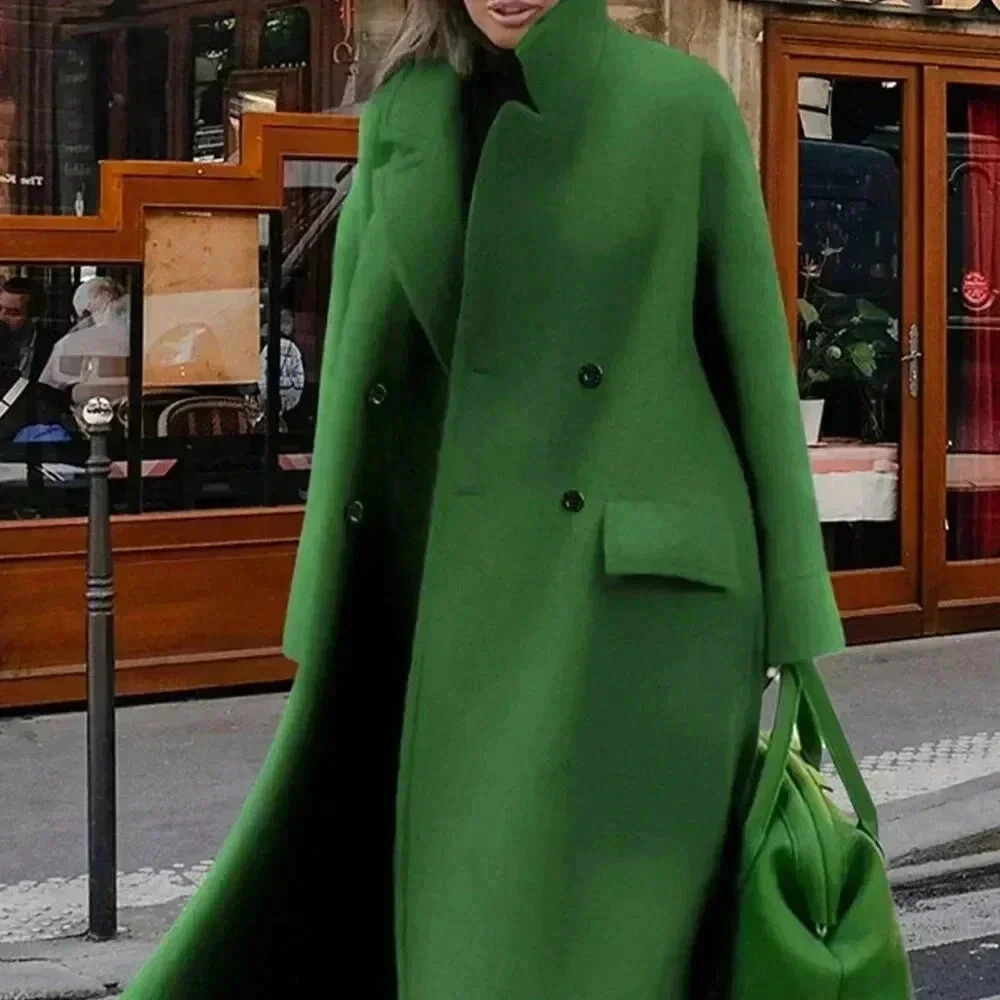 Green Casual Women's  Blend Lapel Long Sleeve Warm Overcoat - Picture 2 of 5